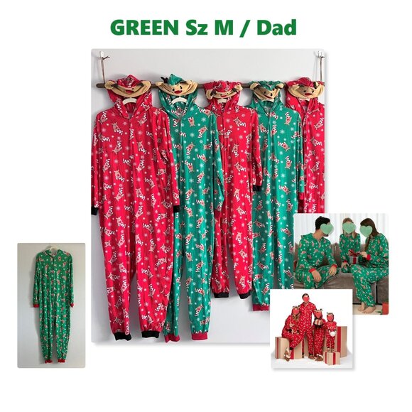 Matching Family Pajamas Reindeer Antler Zipper Onesie GREEN SZ M / DAD NWT - Picture 2 of 12